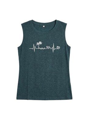 NWOT | Teal Blue Palm Tree Wave Heartbeat Graphic Sleeveless Tank Top Large